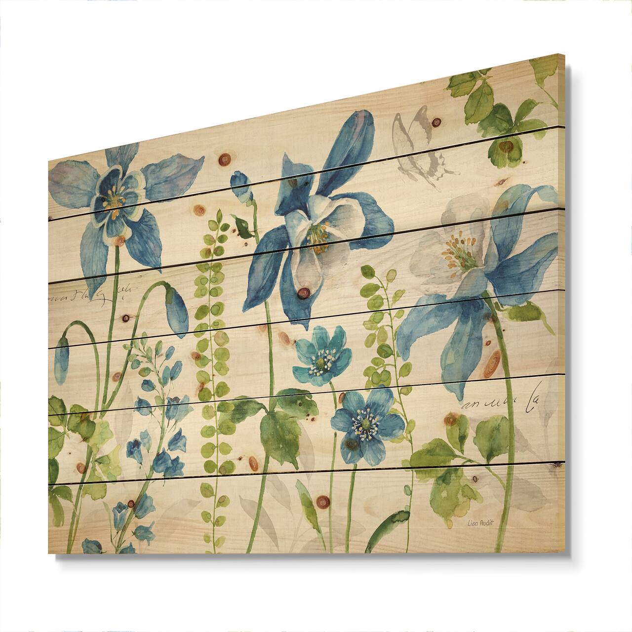 Designart - Bluebell and Columbine Wild Flowers with Butterfly - Cabin & Lodge Print on Natural Pine Wood